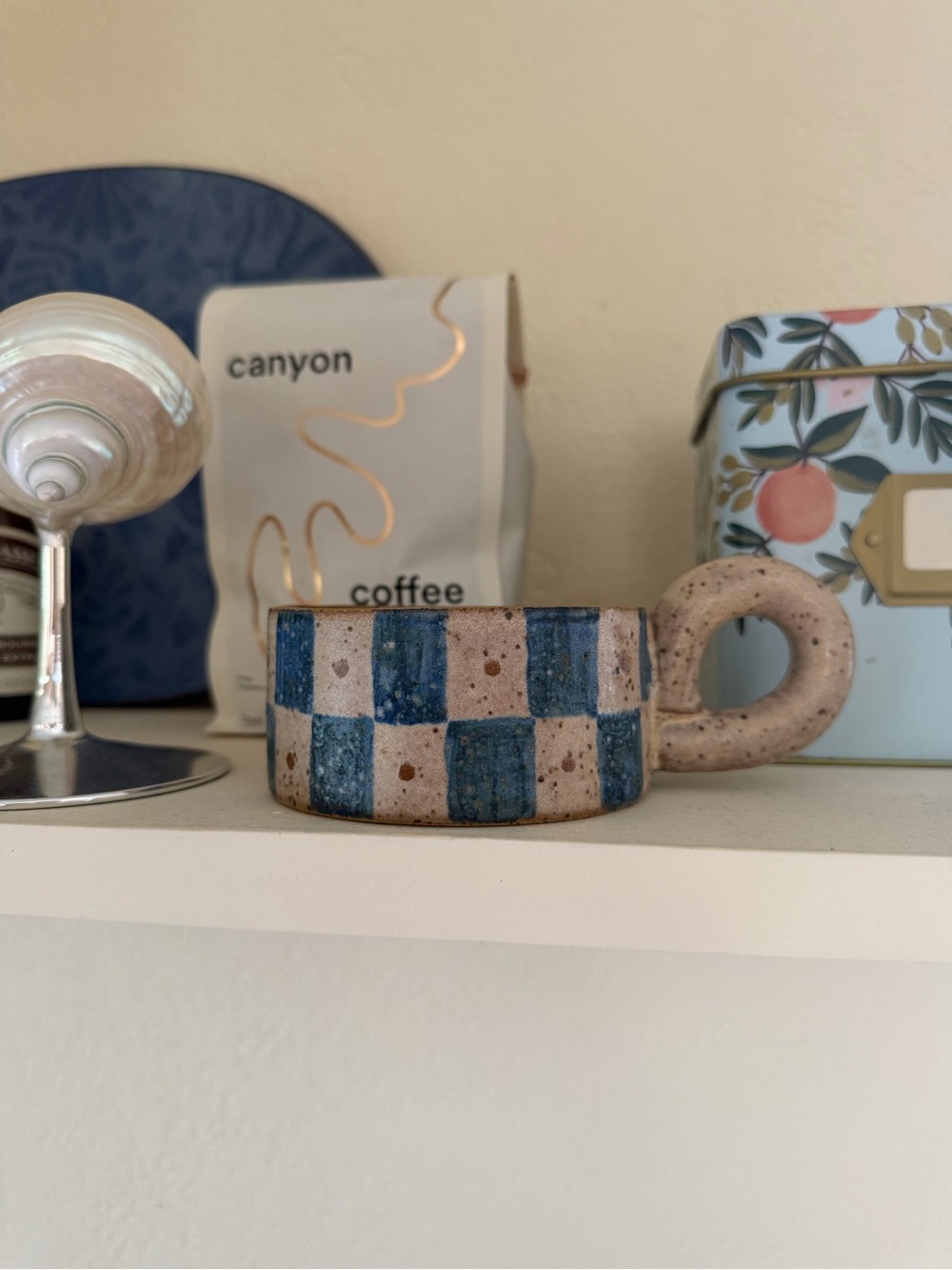 GOOD KIND WORK Checkered Ceramic Espresso Cup in Blue and Speckled